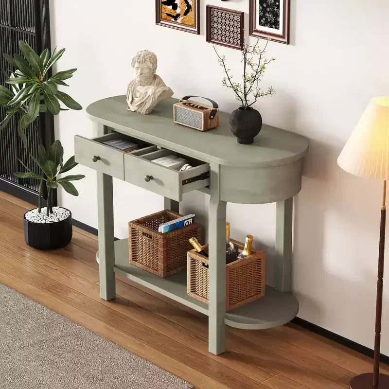 Elegante console con finitura liscia, tavolino d'ingresso dal design curvo con 2 cassetti, tavolino d'appoggio per soggiorno, corridoio
