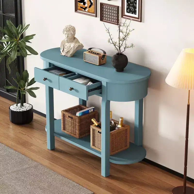 Elegante console con finitura liscia, tavolino d'ingresso dal design curvo con 2 cassetti, tavolino d'appoggio per soggiorno, corridoio