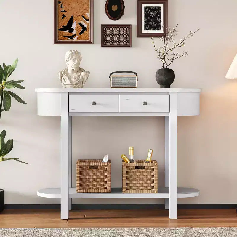 Elegante console con finitura liscia, tavolino d'ingresso dal design curvo con 2 cassetti, tavolino d'appoggio per soggiorno, corridoio