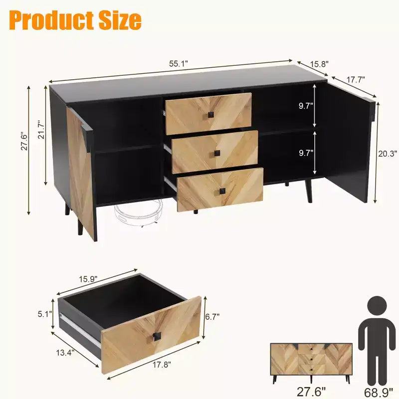 Credenza autoportante, Mobile buffet con cassetti e ante, Credenza in legno per sala da pranzo