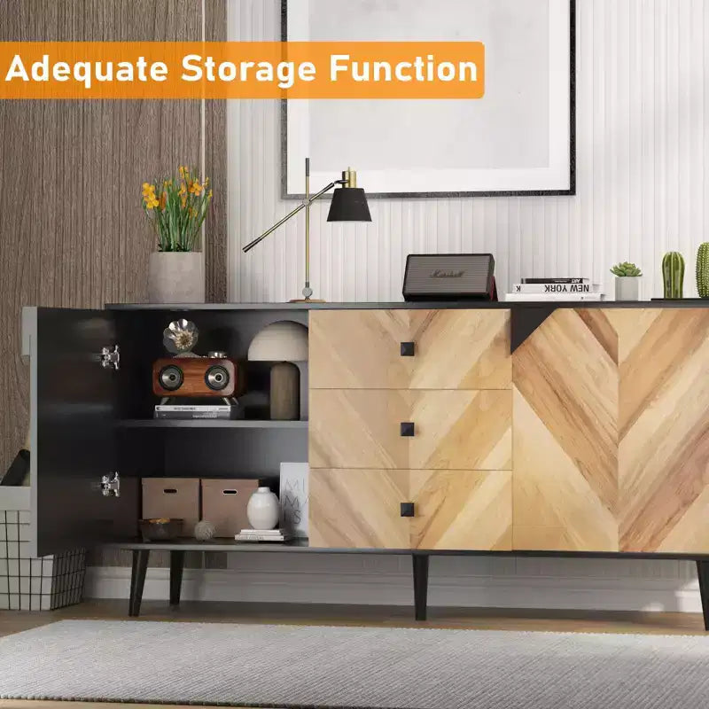 Credenza autoportante, Mobile buffet con cassetti e ante, Credenza in legno per sala da pranzo