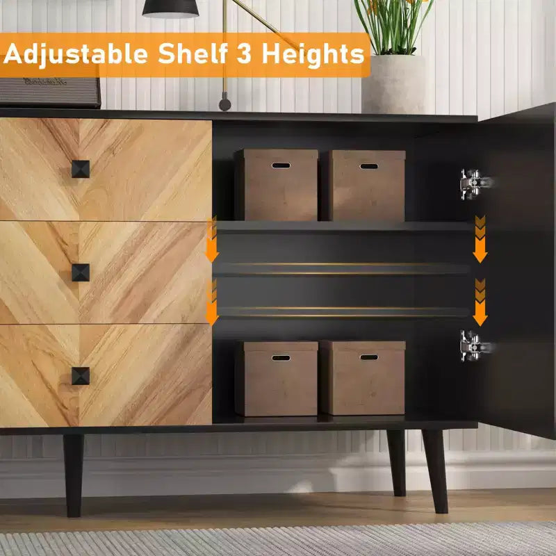 Credenza autoportante, Mobile buffet con cassetti e ante, Credenza in legno per sala da pranzo