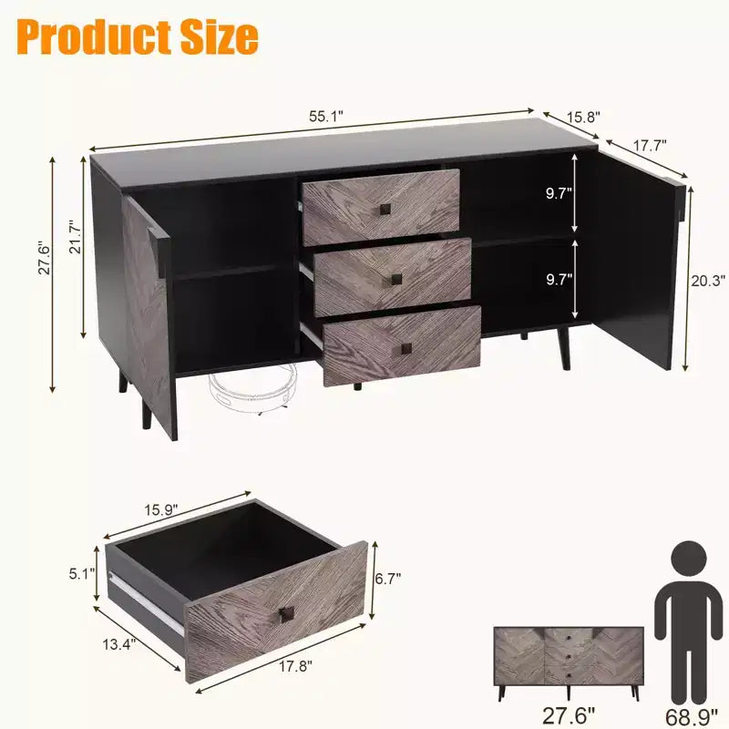 Credenza autoportante, Mobile buffet con cassetti e ante, Credenza in legno per sala da pranzo