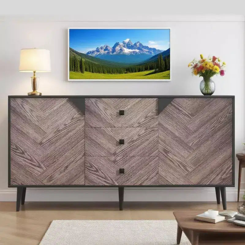 Credenza autoportante, Mobile buffet con cassetti e ante, Credenza in legno per sala da pranzo