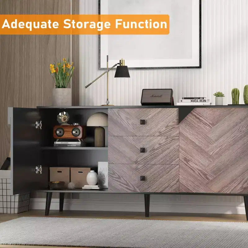 Credenza autoportante, Mobile buffet con cassetti e ante, Credenza in legno per sala da pranzo