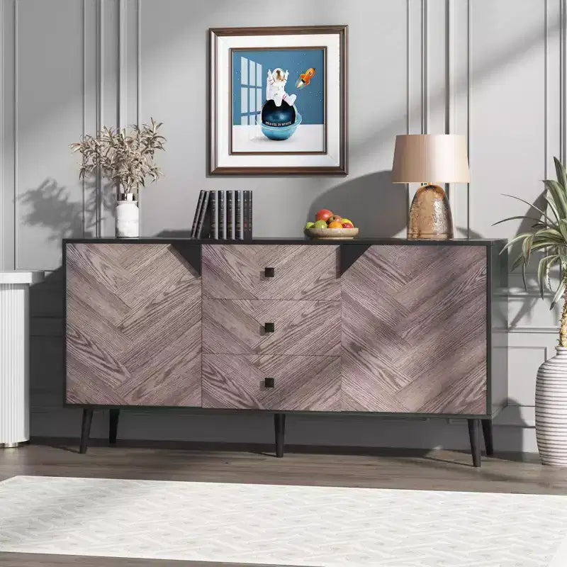 Credenza autoportante, Mobile buffet con cassetti e ante, Credenza in legno per sala da pranzo