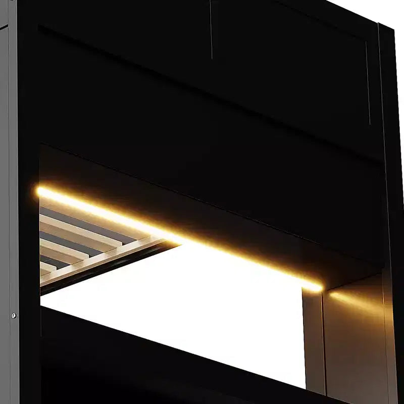 Letto a castello da gaming in legno a grandezza naturale con scrivania integrata, scaffali, luci LED a 7 colori e stazione di ricarica, nero