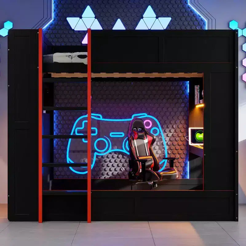 Letto a castello da gaming in legno a grandezza naturale con scrivania integrata, scaffali, luci LED a 7 colori e stazione di ricarica, nero