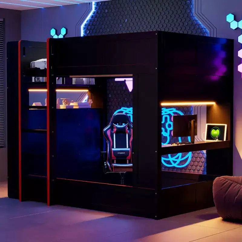 Letto a castello da gaming in legno a grandezza naturale con scrivania integrata, scaffali, luci LED a 7 colori e stazione di ricarica, nero