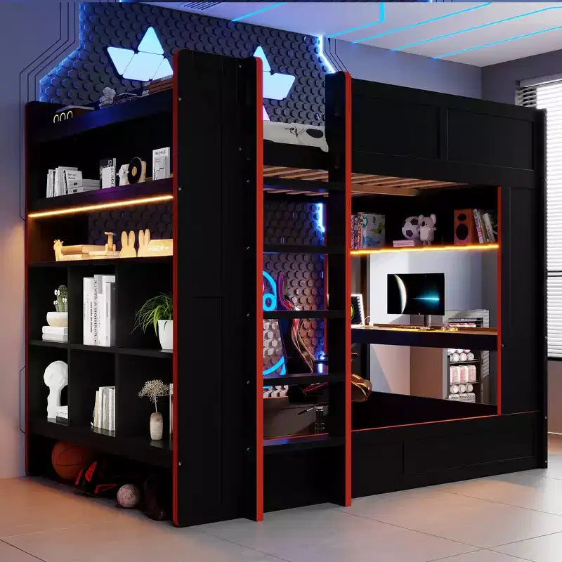 Letto a castello da gaming in legno a grandezza naturale con scrivania integrata, scaffali, luci LED a 7 colori e stazione di ricarica, nero