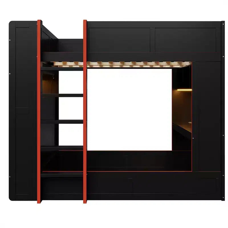 Letto a castello da gaming in legno a grandezza naturale con scrivania integrata, scaffali, luci LED a 7 colori e stazione di ricarica, nero