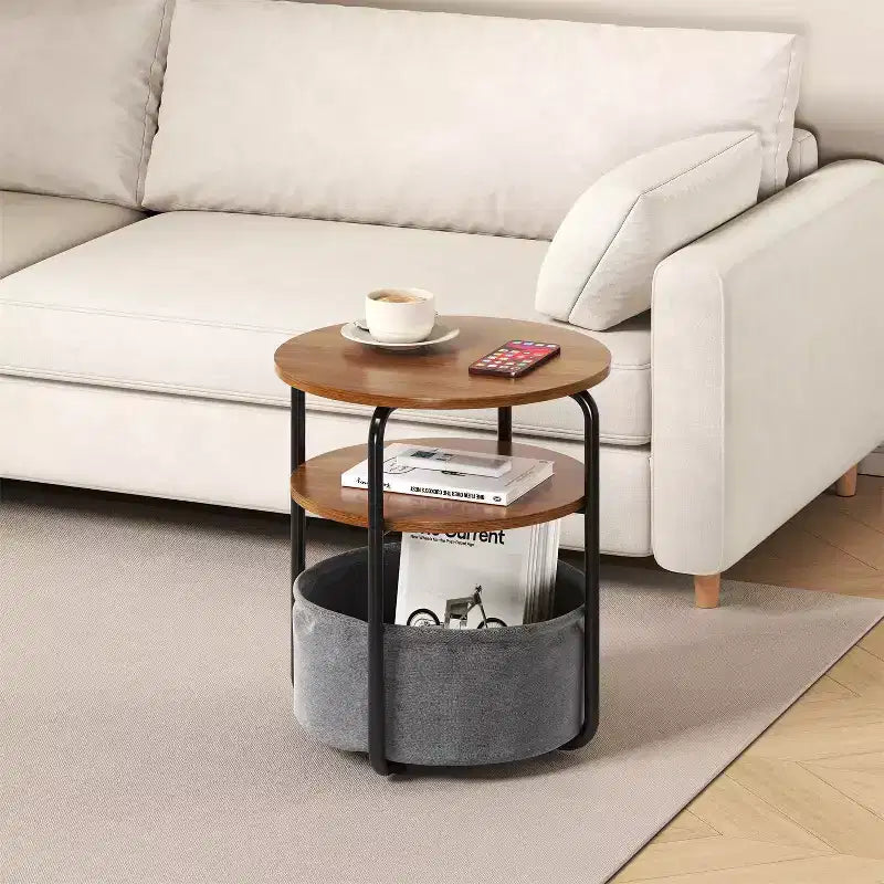Tavolino rotondo compatto a 3 ripiani con borsa portaoggetti, tavolino d'appoggio vintage da 60 cm per soggiorno, camera da letto e piccoli spazi
