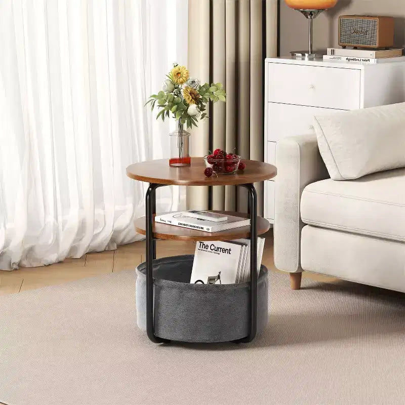 Tavolino rotondo compatto a 3 ripiani con borsa portaoggetti, tavolino d'appoggio vintage da 60 cm per soggiorno, camera da letto e piccoli spazi