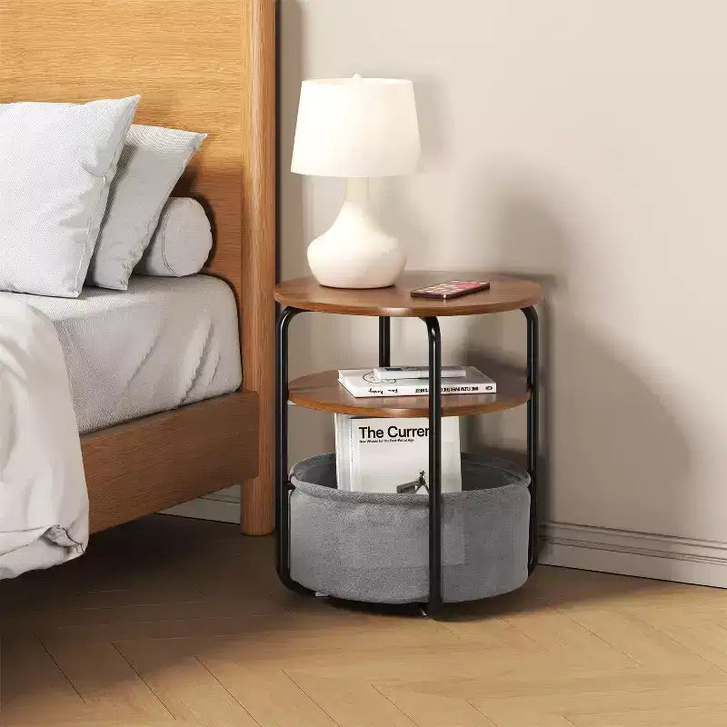 Tavolino rotondo compatto a 3 ripiani con borsa portaoggetti, tavolino d'appoggio vintage da 60 cm per soggiorno, camera da letto e piccoli spazi