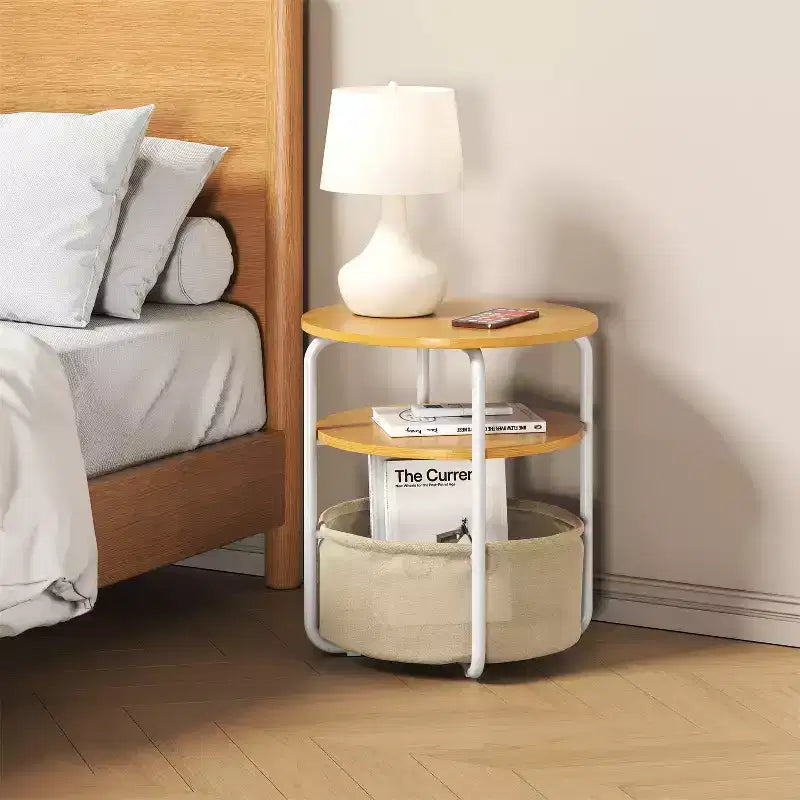 Tavolino rotondo compatto a 3 ripiani con borsa portaoggetti, tavolino d'appoggio vintage da 60 cm per soggiorno, camera da letto e piccoli spazi