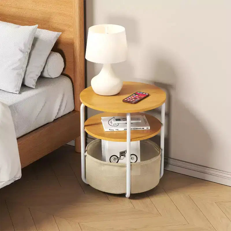 Tavolino rotondo compatto a 3 ripiani con borsa portaoggetti, tavolino d'appoggio vintage da 60 cm per soggiorno, camera da letto e piccoli spazi