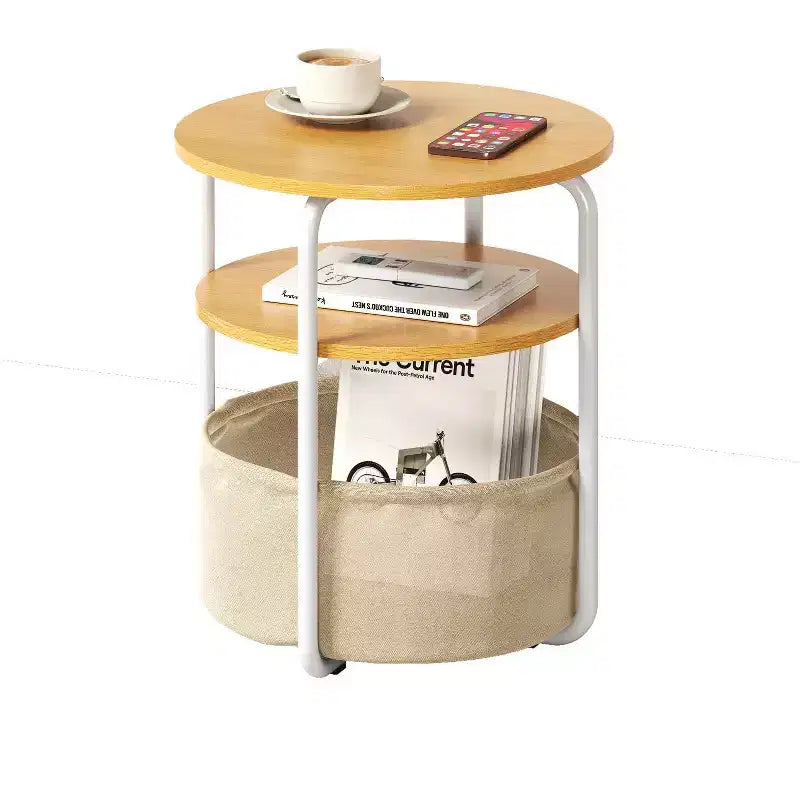 Tavolino rotondo compatto a 3 ripiani con borsa portaoggetti, tavolino d'appoggio vintage da 60 cm per soggiorno, camera da letto e piccoli spazi