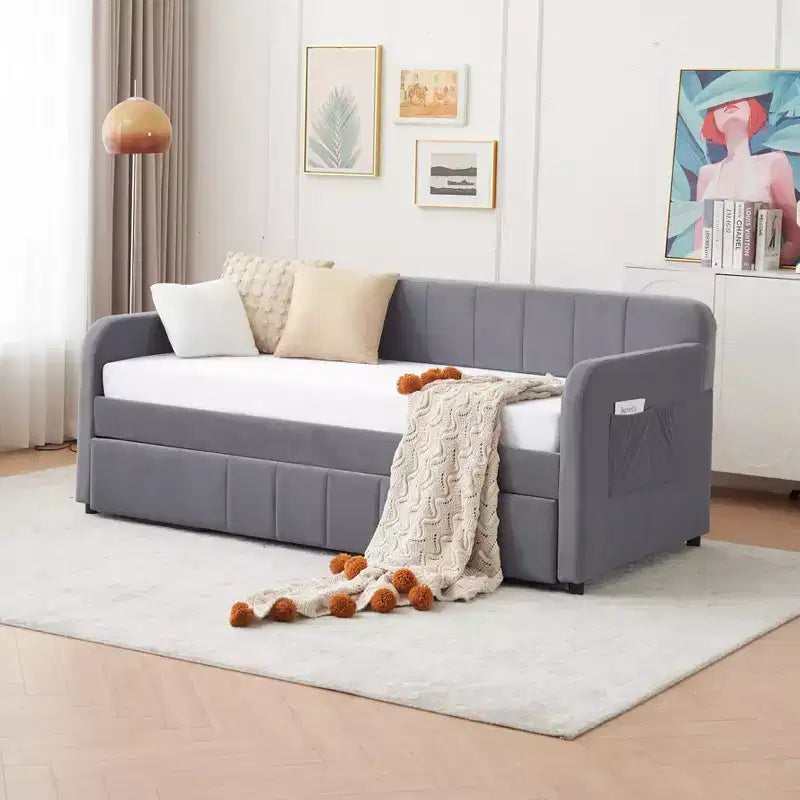 Divano Letto Singolo con Letto Estraibile, Divano Letto in Velluto con Porte USB e Tasche Laterali per Soggiorno, Camera da Letto, Camera degli Ospiti