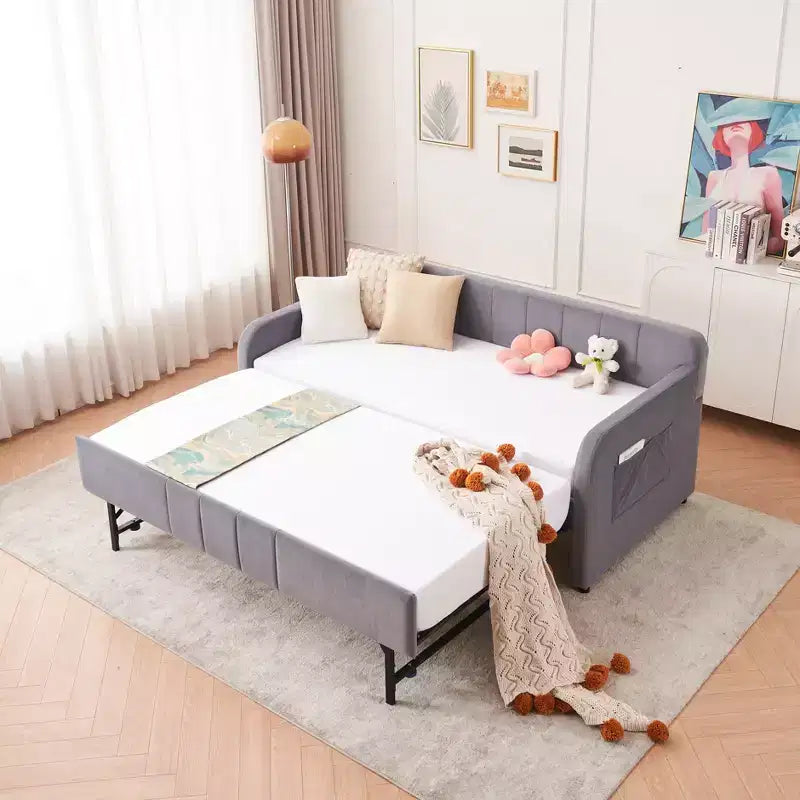 Divano Letto Singolo con Letto Estraibile, Divano Letto in Velluto con Porte USB e Tasche Laterali per Soggiorno, Camera da Letto, Camera degli Ospiti