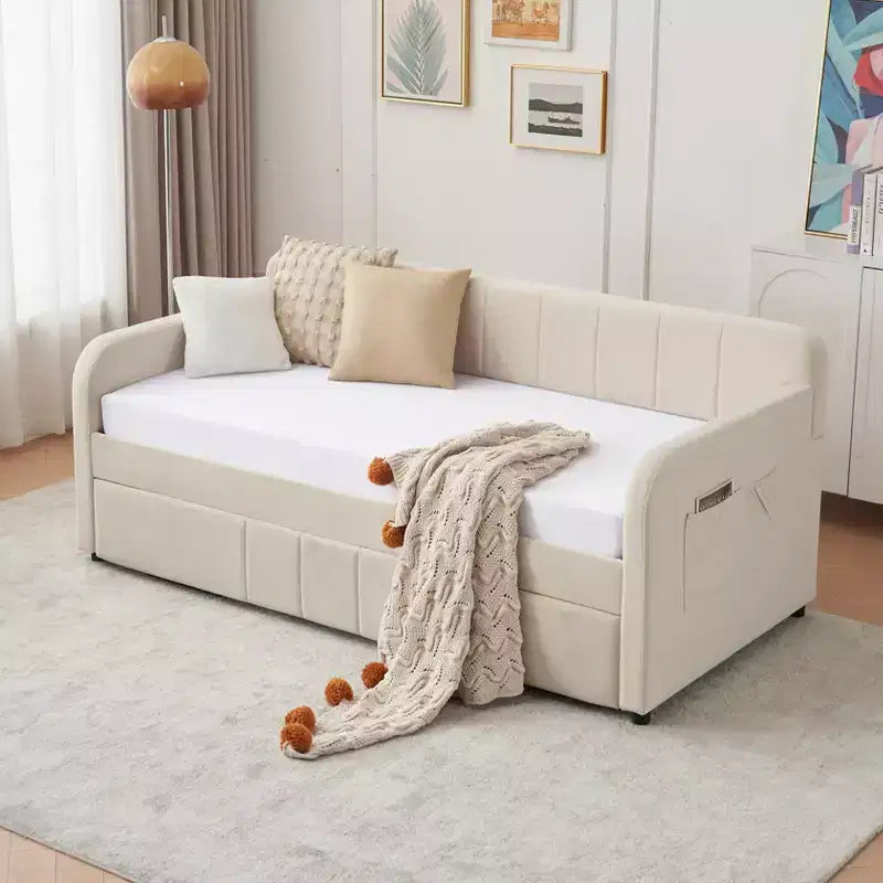 Divano Letto Singolo con Letto Estraibile, Divano Letto in Velluto con Porte USB e Tasche Laterali per Soggiorno, Camera da Letto, Camera degli Ospiti