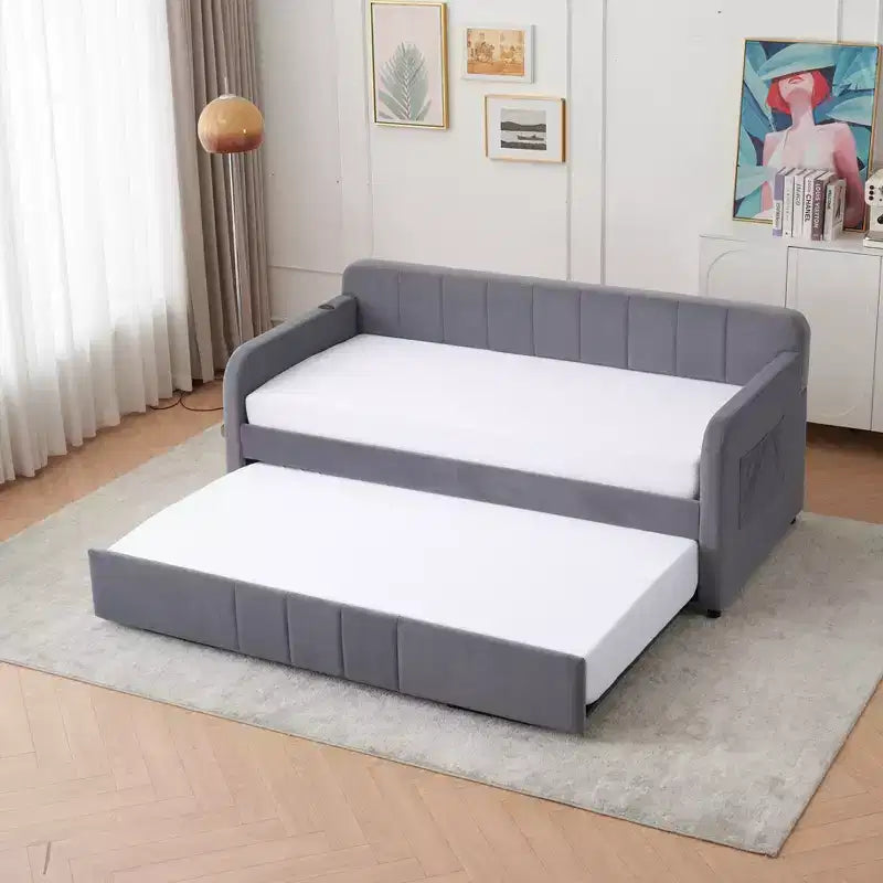Divano Letto Singolo con Letto Estraibile, Divano Letto in Velluto con Porte USB e Tasche Laterali per Soggiorno, Camera da Letto, Camera degli Ospiti
