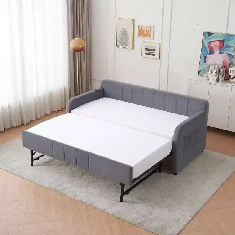 Divano Letto Singolo con Letto Estraibile, Divano Letto in Velluto con Porte USB e Tasche Laterali per Soggiorno, Camera da Letto, Camera degli Ospiti