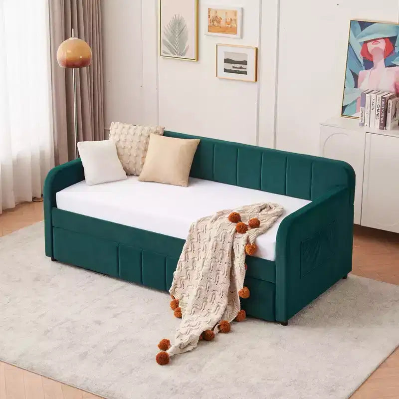 Divano Letto Singolo con Letto Estraibile, Divano Letto in Velluto con Porte USB e Tasche Laterali per Soggiorno, Camera da Letto, Camera degli Ospiti