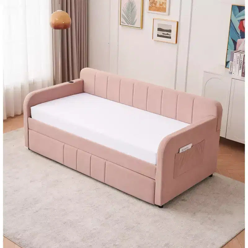Divano Letto Singolo con Letto Estraibile, Divano Letto in Velluto con Porte USB e Tasche Laterali per Soggiorno, Camera da Letto, Camera degli Ospiti
