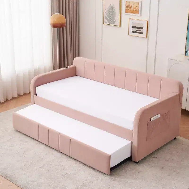 Divano Letto Singolo con Letto Estraibile, Divano Letto in Velluto con Porte USB e Tasche Laterali per Soggiorno, Camera da Letto, Camera degli Ospiti