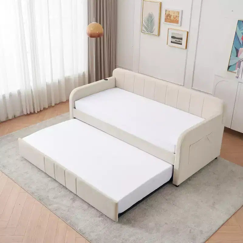 Divano Letto Singolo con Letto Estraibile, Divano Letto in Velluto con Porte USB e Tasche Laterali per Soggiorno, Camera da Letto, Camera degli Ospiti