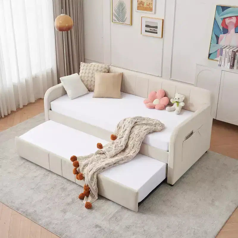 Twin Size Daybed with Trundle, Velvet Sofa Bed with USB Ports & Side Pockets for Living Room, Bedroom, Guest Room - ModernLuxe