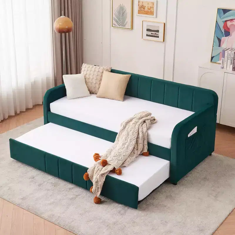 Divano Letto Singolo con Letto Estraibile, Divano Letto in Velluto con Porte USB e Tasche Laterali per Soggiorno, Camera da Letto, Camera degli Ospiti