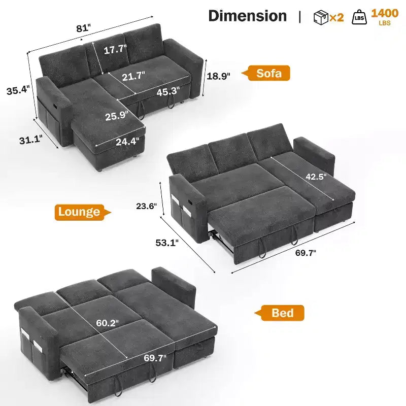 Divano letto componibile da 81" con penisola contenitore reversibile, USB e schienale reclinabile