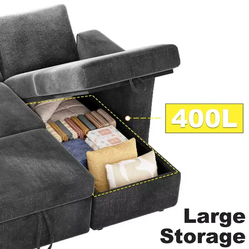 Divano letto componibile da 81" con penisola contenitore reversibile, USB e schienale reclinabile