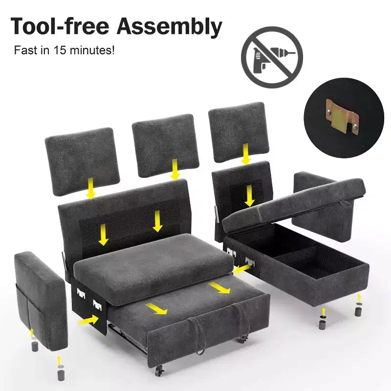 Divano letto componibile da 81" con penisola contenitore reversibile, USB e schienale reclinabile
