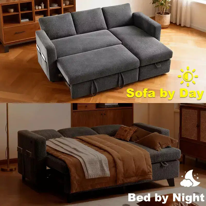 Divano letto componibile da 81" con penisola contenitore reversibile, USB e schienale reclinabile