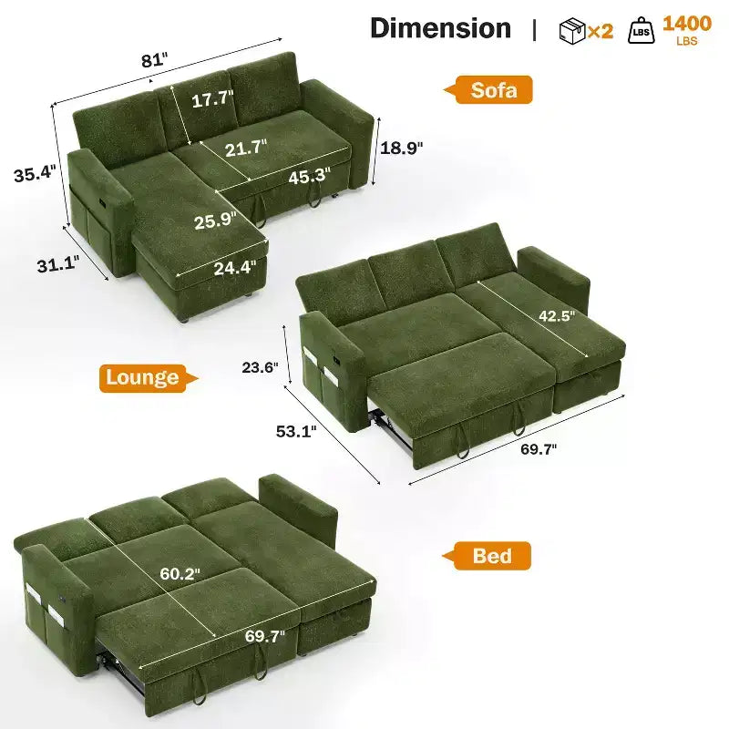 Divano letto componibile da 81" con penisola contenitore reversibile, USB e schienale reclinabile