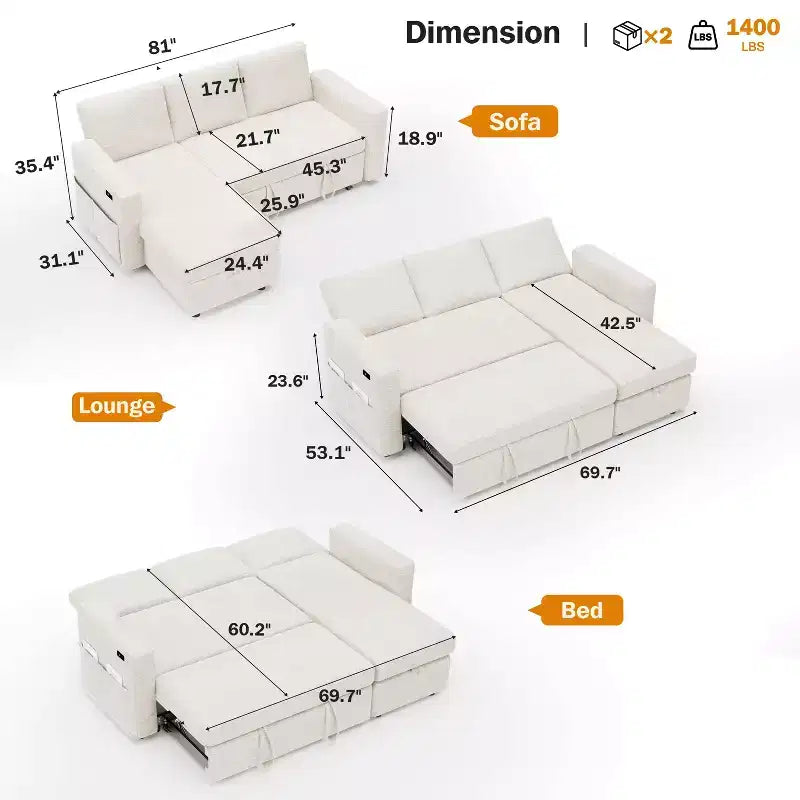 Divano letto componibile da 81" con penisola contenitore reversibile, USB e schienale reclinabile