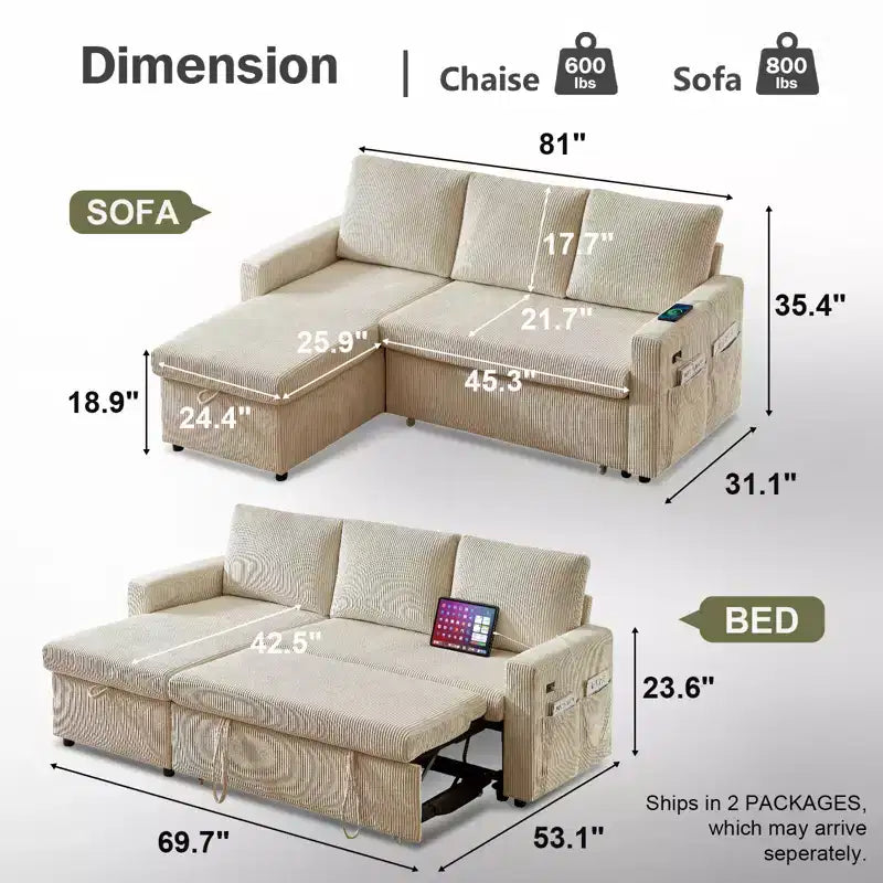 Divano letto componibile da 81" con penisola contenitore reversibile, USB e schienale reclinabile