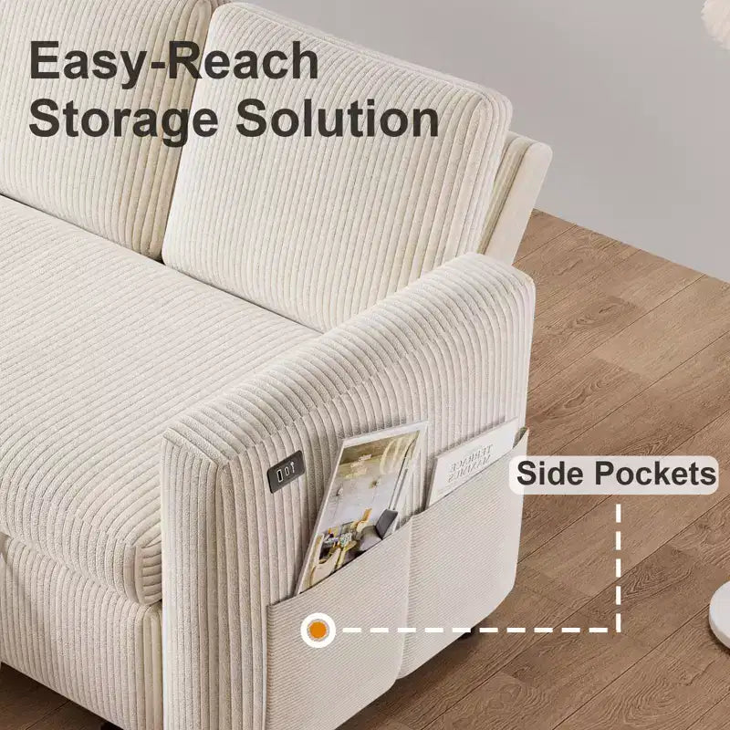 Divano letto componibile da 81" con penisola contenitore reversibile, USB e schienale reclinabile