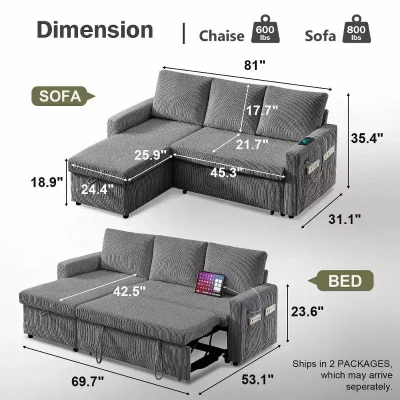 Divano letto componibile da 81" con penisola contenitore reversibile, USB e schienale reclinabile