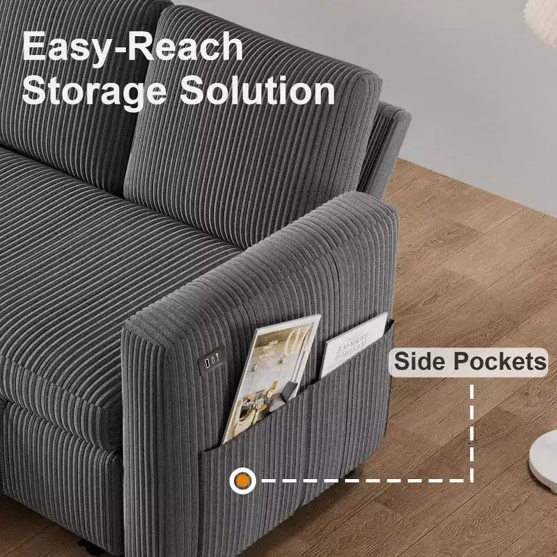 Divano letto componibile da 81" con penisola contenitore reversibile, USB e schienale reclinabile