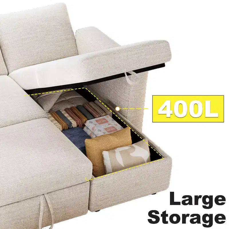 Divano letto componibile da 81" con penisola contenitore reversibile, USB e schienale reclinabile