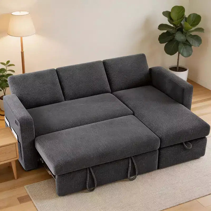 Divano letto componibile da 81" con penisola contenitore reversibile, USB e schienale reclinabile