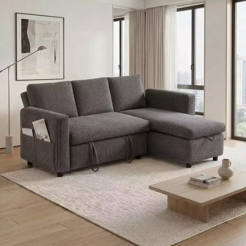 Divano letto componibile da 81" con penisola contenitore reversibile, USB e schienale reclinabile