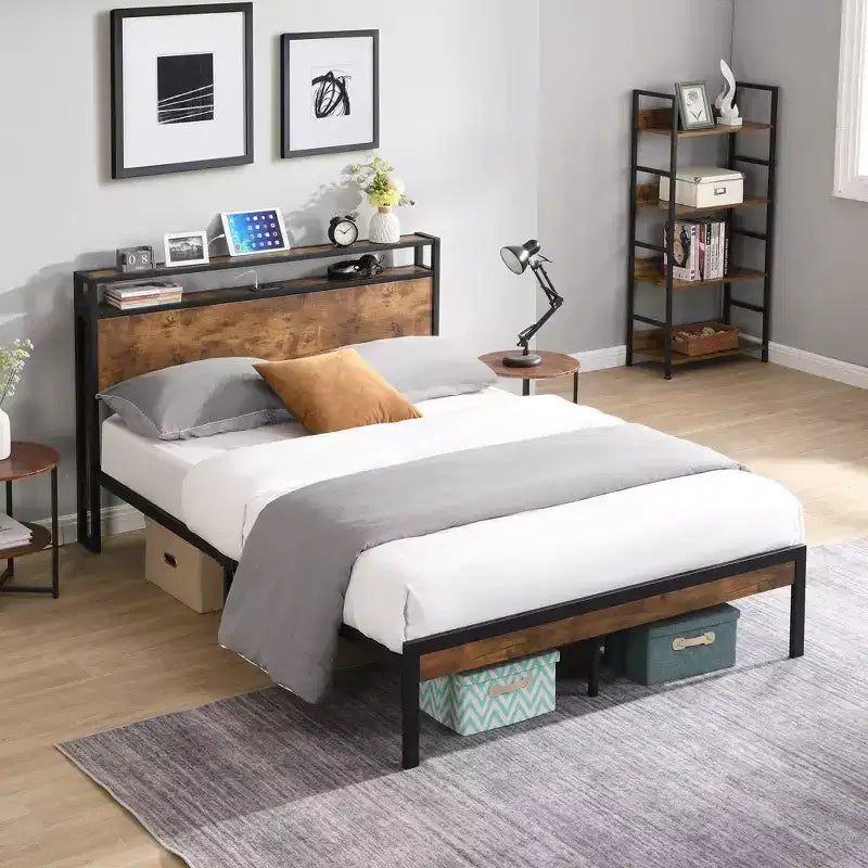 Full Size Metal Platform Bed Frame with Wood Headboard and Footboard, USB Port and Underbed Storage, No Box Spring Needed