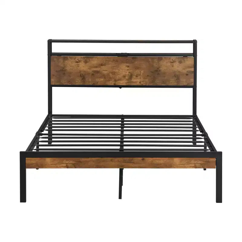 Telaio letto a piattaforma in metallo full size con testiera e pediera in legno, porta USB e vano contenitore sotto il letto, nessuna necessità di rete a molle