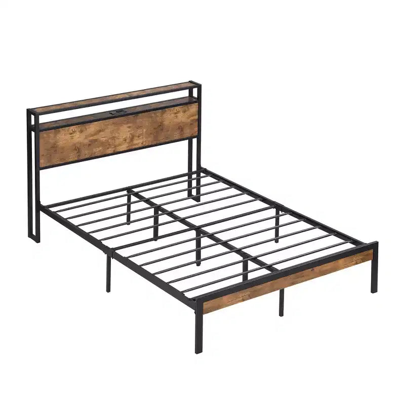 Telaio letto a piattaforma in metallo full size con testiera e pediera in legno, porta USB e vano contenitore sotto il letto, nessuna necessità di rete a molle