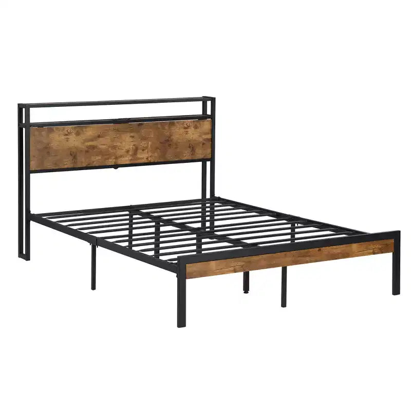Telaio letto a piattaforma in metallo full size con testiera e pediera in legno, porta USB e vano contenitore sotto il letto, nessuna necessità di rete a molle