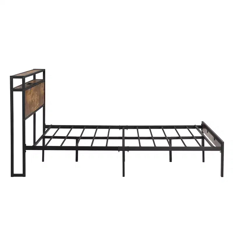 Telaio letto a piattaforma in metallo full size con testiera e pediera in legno, porta USB e vano contenitore sotto il letto, nessuna necessità di rete a molle